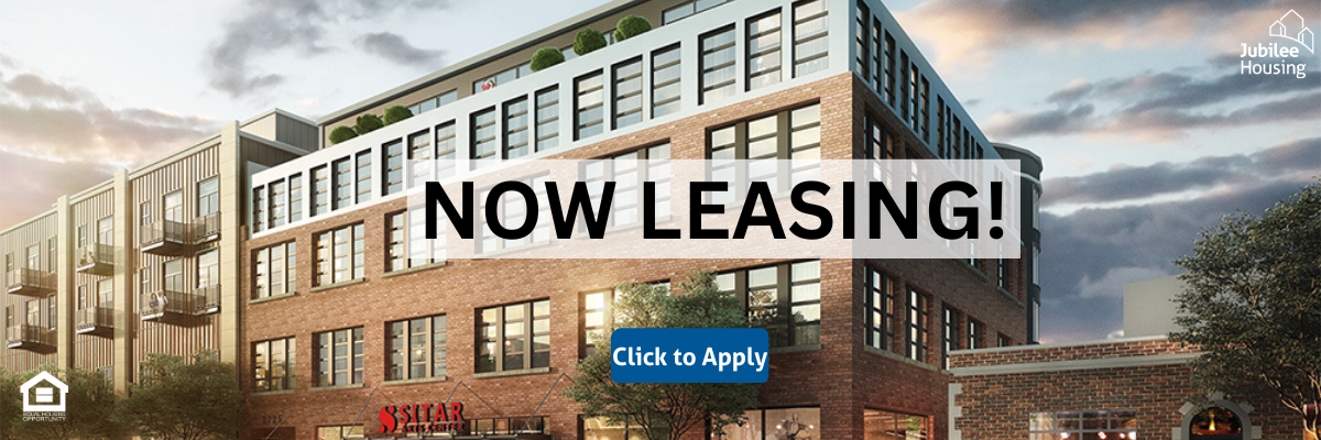 background of building rendering with NOW LEASING in center of the image. Click to Apply is in a blue box in the center lower half of the page.